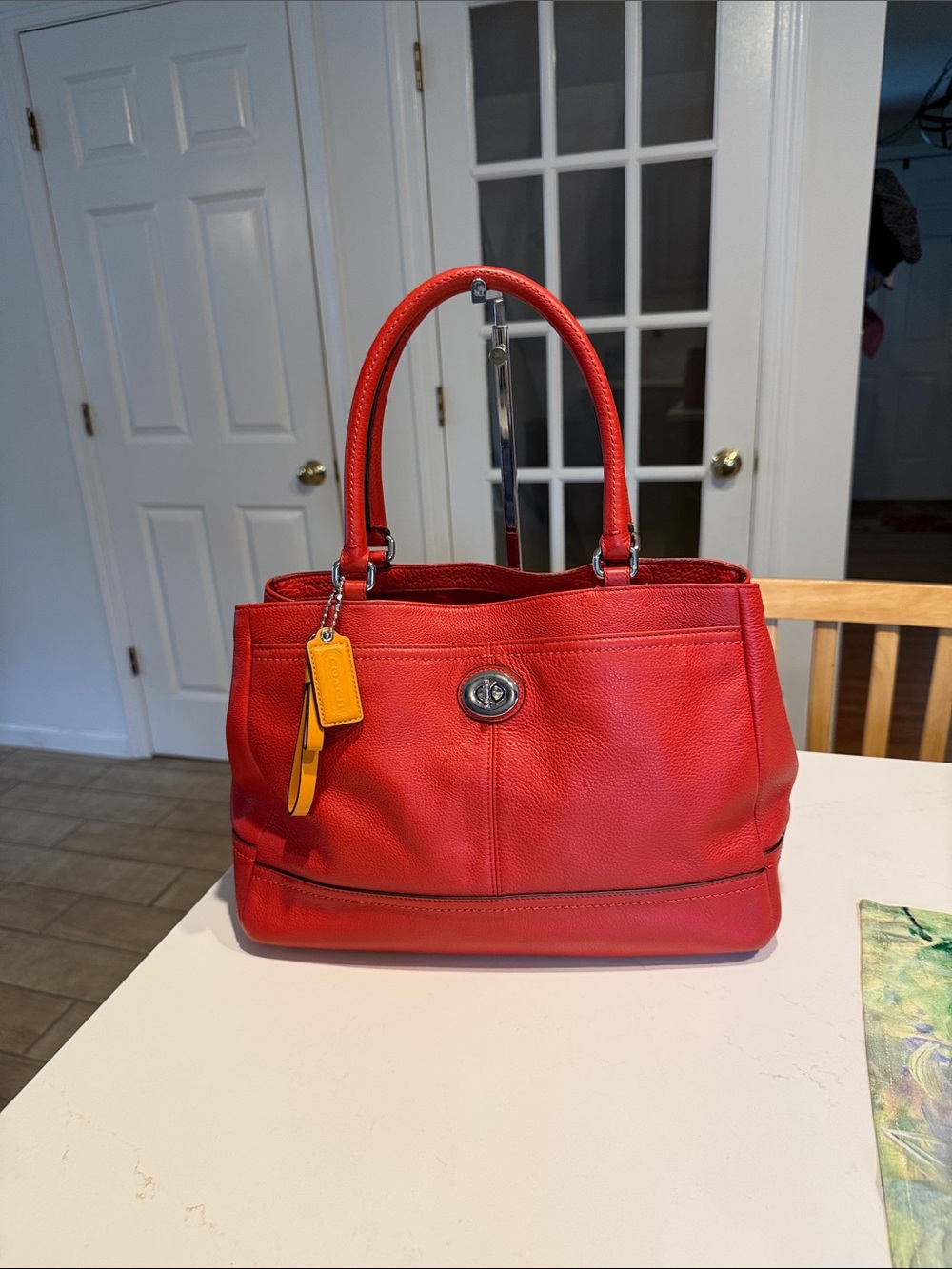 Coach Park  Red Leather Carry All Totr with Yellow Tag Accent